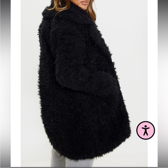 PrettyLittle Thing PETITE BLACK TEDDY FAUX FUR COLLAR MIDI COAT - Picture 3 of 10
